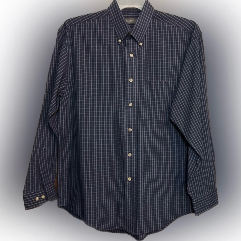 💥Mens Blue Plaid Shirt Van Heusen Long Sleeve Button Up Collar Med 15” - 15 1/2”